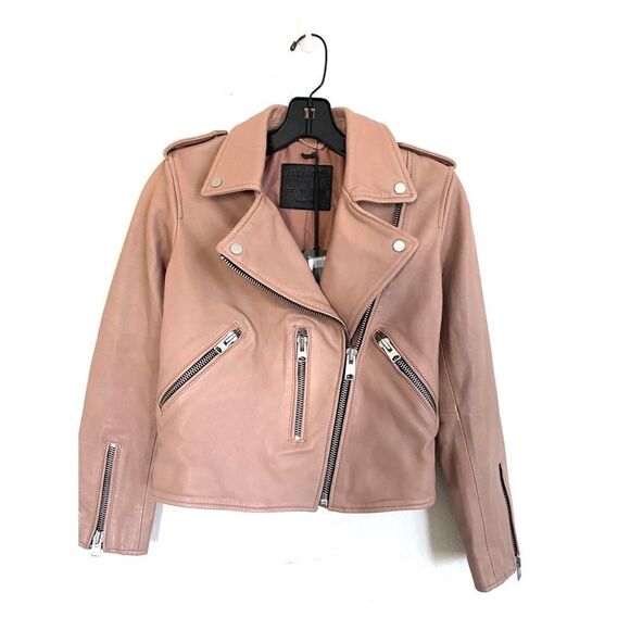 All Saints Fern Leather Biker Jacket Cameco Pink - Picture 7 of 15
